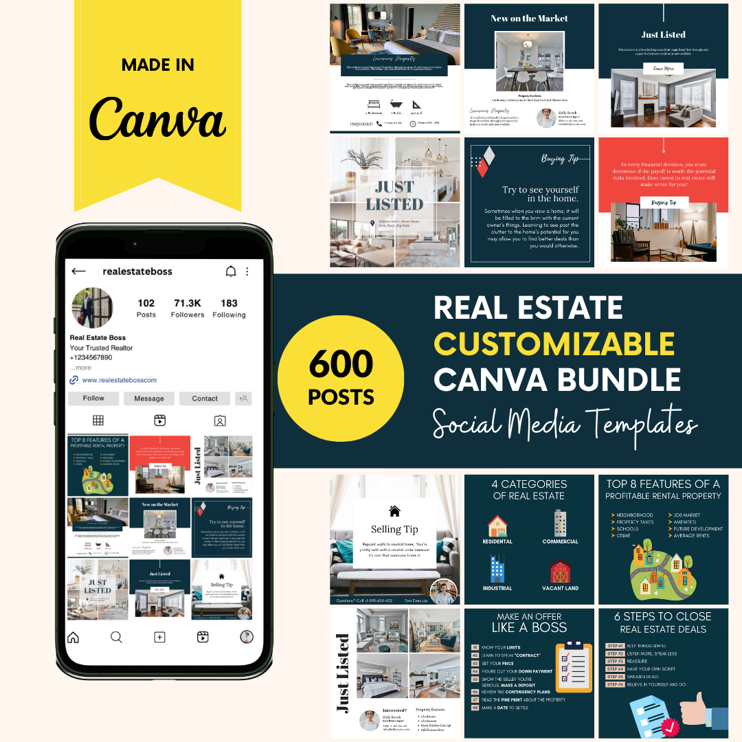 600 Real Estate Social Media Customizable Canva Bundle To Promote Your Real Estate Business