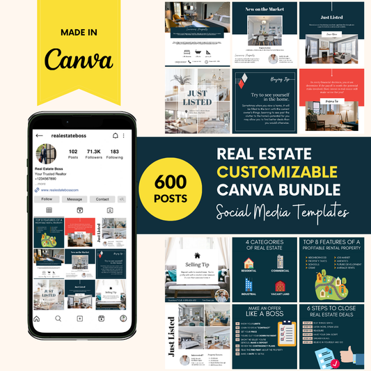 600 Real Estate Social Media Customizable Canva Bundle To Promote Your Real Estate Business